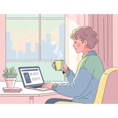 Obraz premium Young person working on laptop with coffee, home office, city view
