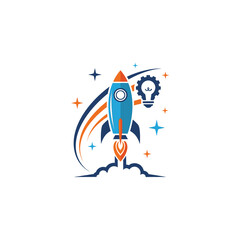 Obraz premium Rocket Launching With Idea Bulb And Gear - Business Startup Concept