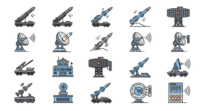 Missile Launcher and Radar Icons Set: Military Technology and Defense Collection