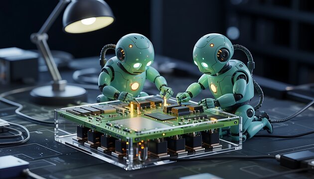 Two teal robotic arms meticulously soldering components onto a complex green circuit board in a tech lab setting