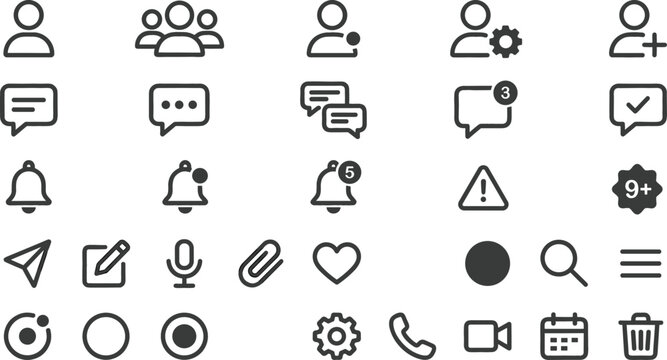 Comprehensive user interface and social media icon set vector including user profiles, messaging, notifications, media controls and system navigation symbols for app development.