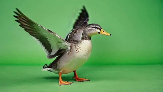 Duck with outstretched wing and open beak on green background