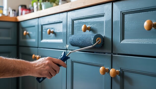 Person painting kitchen cabinets with blue paint using a roller