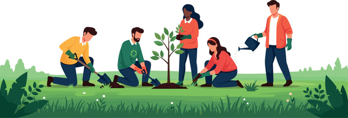 “Group of individuals planting young tree outdoors with shovels and watering can symbolizing teamwork, ecology, and environmental sustainability” © MDMAHABUR