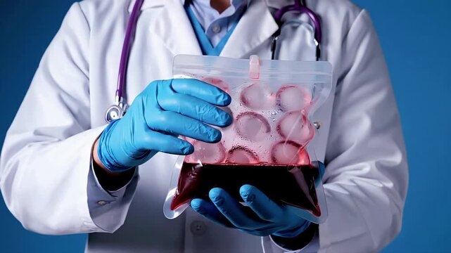Doctor in lab coat holding blood bag.