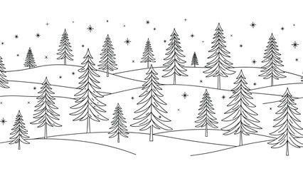 Fototapeta premium Winter landscape line art features numerous pine trees on snowy hills with stars and snowflakes in the sky for a festive atmosphere.