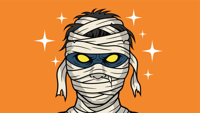 Character face covered in bandages with glowing yellow eyes represents a spooky mummy for Halloween graphics and scary decorations.