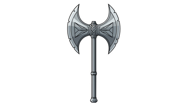 Double headed silver battle axe with ornate engravings is isolated on a white background for fantasy themes and gaming assets.