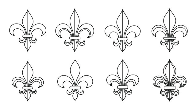 Set of eight identical fleur de lis outline symbols offers a clean and minimalist aesthetic for branding and decorative patterns.