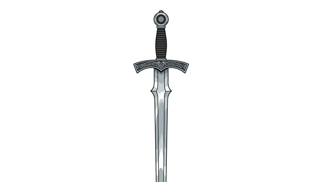 Detailed medieval longsword with an ornate hilt and shiny silver blade presented vertically against a white background.