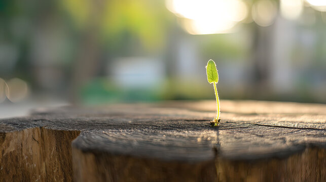 extending. A young, tender sprout extends from the sturdy trunk of an ancient tree in soft morning light. gardening catalogs, home-decor guides, designed for gardening and botanical catalogs.

