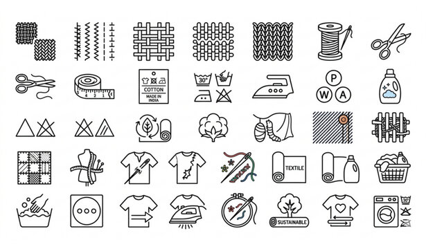 Large collection of textile industry and laundry care line icons. Sustainable fashion, fabric weaving, sewing tools, garment manufacturing, and clothing maintenance vector symbols