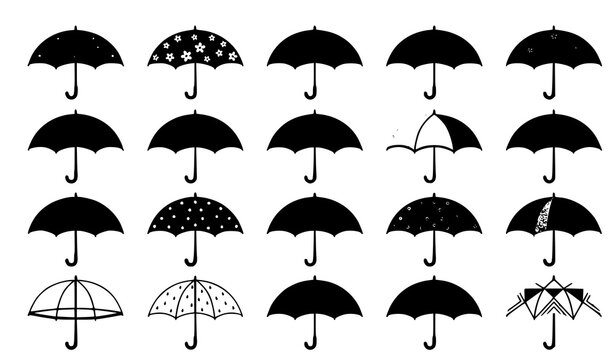 Minimalist Open Umbrella Outline Icon Set with Modern Side View Umbrella Collection