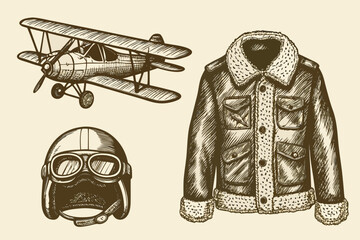 Vintage aviation set with biplane pilot helmet and jacket sketch © VectorArtKing
