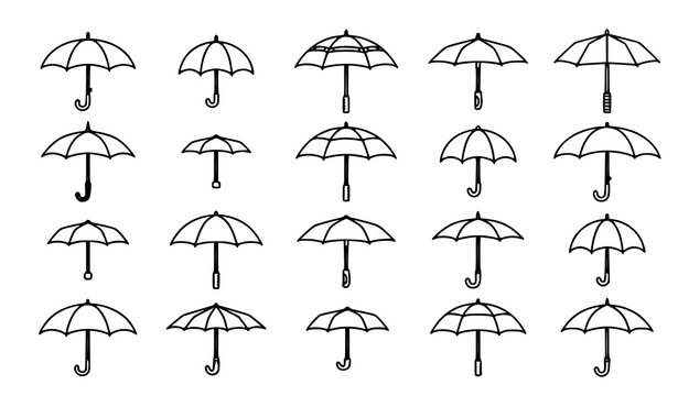 Minimalist Open Umbrella Outline Icon Set with Modern Side View Umbrella Collection