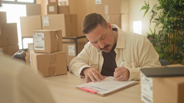 Man signs clipboard with hands by stacked boxes and packages at a packing desk in a building; friendly trust service.