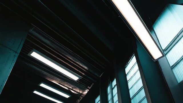 Modern architectural details defining a contemporary space, featuring illuminated linear fluorescent fixtures creating a sense of clean, sophisticated design and industrial perspective