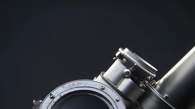 Gleaming metallic optical lens showcasing intricate engineering and precision components, reflecting advanced technology and high tech design against a dark studio background