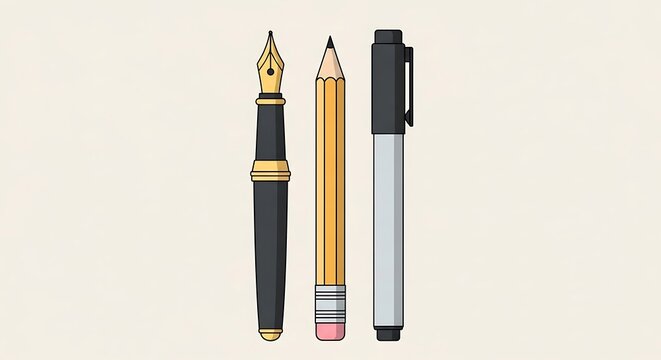 A collection of writing instruments including a fountain pen, a yellow pencil with a gold band, and a black marker on a light beige background
