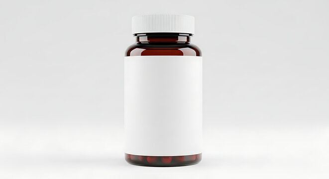 Isolated brown glass supplement bottle with empty blank label for branding, pharmaceutical packaging, health medicine