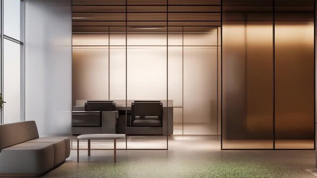 Modern office interior creating a sophisticated atmosphere, featuring a minimalist reception lounge, comfortable sofa, and frosted glass partitions with warm ambient lighting