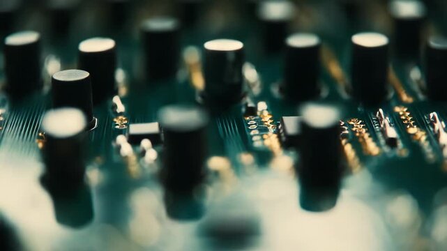 Close up of intricate circuit board components and microchips on a motherboard, showcasing modern semiconductor hardware, processors and connections powering digital computing infrastructure