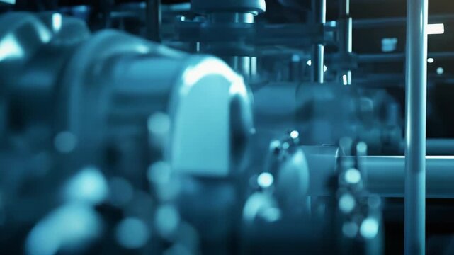 Industrial steel piping system showcasing an array of metal valves, flanges, and mechanical equipment, highlighting modern engineering and manufacturing processes within a factory setting