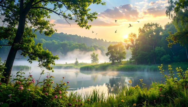 Scenic lake view. Fog hangs over tranquil water as sun rises between verdant trees, flowers in foreground