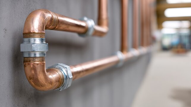 Copper pipe installation on grey wall
