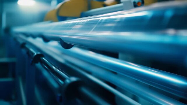 Industrial machinery working, with blue toned metal rollers moving rapidly on a production line, creating a sense of speed and efficiency in a manufacturing setting