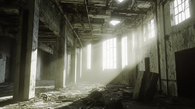Derelict factory interior showing decay and ruin, with bright sunbeams illuminating dusty air and rubble on the floor, symbolizing urban neglect and the passage of time