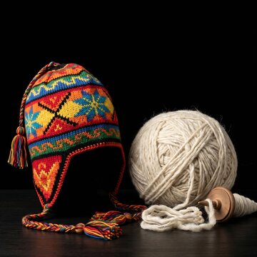 Peruvian Chullo Hat & Alpaca Wool: A colorful knitted Chullo hat with earflaps and tassels, resting next to a ball of raw alpaca wool, realistic knit texture, black background, 1:1 ratio