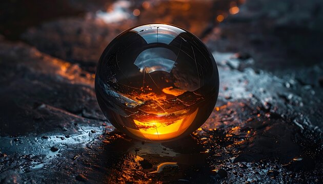 Crystal ball on fiery dark background.