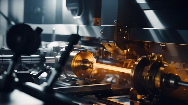 Industrial machine precisely forming metallic components with an intense laser beam, highlighting high tech manufacturing processes and advanced engineering in a modern factory setting