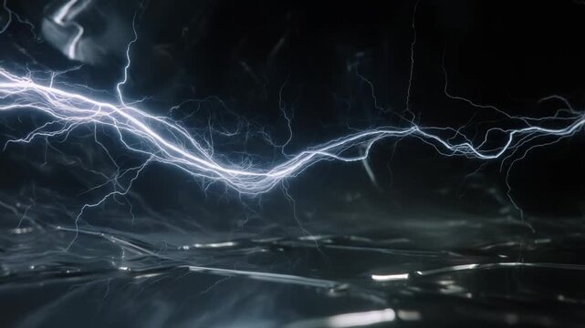 Powerful electricity creating a dramatic light flash across a dark, reflective environment, highlighting energy, power, and dynamic physics in a technological context