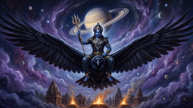 Shani Dev Crow Ride &ndash; Epic Saturn Mythology Painting