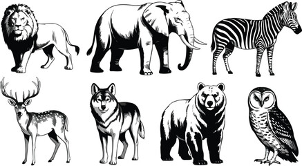 Wild animal vector set with lion elephant zebra deer wolf bear and owl isolated on white background for logo design. © Mousumi