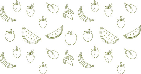 Seamless fruit pattern background with minimalist line art icons of watermelon apples bananas and strawberries for coloring or textile design. © Mousumi