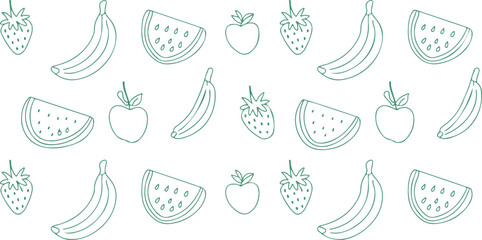 Seamless fruit pattern background with minimalist line art icons of watermelon apples bananas and strawberries for coloring or textile design. © Mousumi