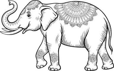 Ornate Indian elephant family vector illustration featuring adult and baby elephants with mandala patterns for coloring book design © Mousumi
