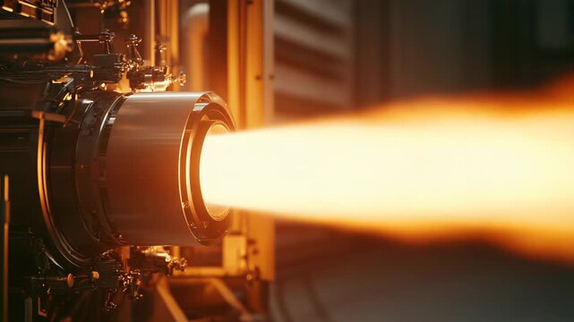 High performance aerospace engine undergoing a controlled test firing, generating intense heat and a powerful fiery exhaust plume, advancing space travel and exploration technology