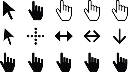 Fototapeta premium Computer mouse cursor and hand pointer icon set featuring arrows clicking hands and scrolling symbols in vector illustration,