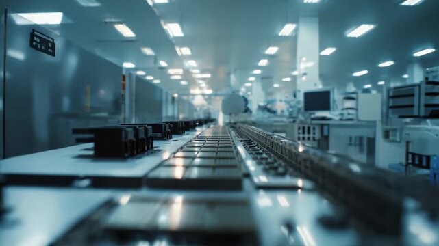 Advanced microchips moving along a cleanroom automated assembly belt, illustrating modern technological innovation and manufacturing processes in the electronics industry
