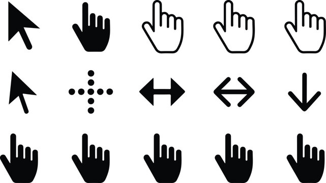Computer mouse cursor and hand pointer icon set featuring arrows clicking hands and scrolling symbols in vector illustration,