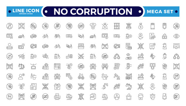 No corruption Outline icons such as property, corruptor, arrest, complaint, bribe, legal, silent money vector thin icons for report, presentation, diagram, web design. Editable stroke outline icon.
