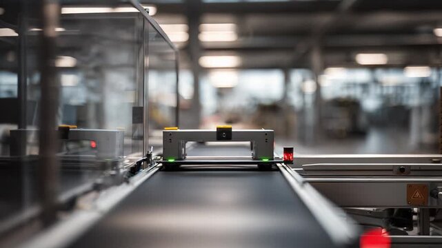 Automated conveyor system with sensors and robotics streamlining sorting and distribution in a modern factory, boosting efficiency, precision, and throughput in logistics