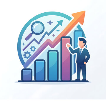 Businessman presenting professional growth chart with rising arrow, data analysis and marketing strategy, financial progress