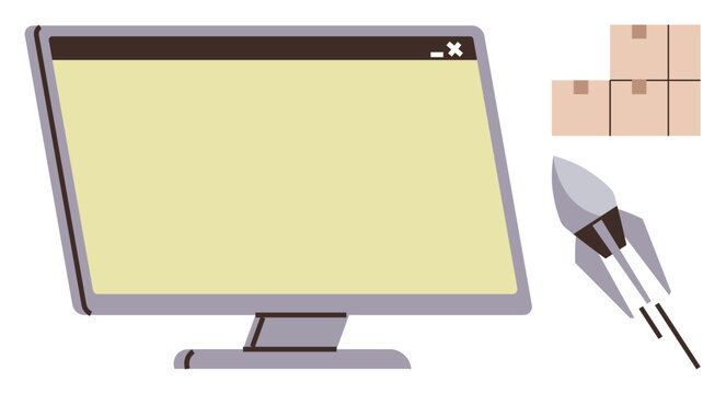 E-commerce, fast shipping, digital transactions, package delivery, logistics, technology. Monitor screen, stack of cardboard boxes and a rocket delivery. E-commerce and fast shipping
