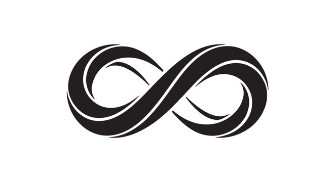 Black abstract infinity loop design, flowing curved ribbons, premium minimalist vector artwork, elegant white backdrop