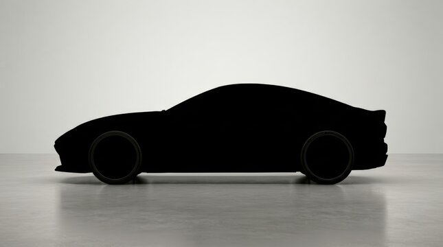 Black silhouette of a modern sports car, sleek automotive profile on white background, minimalist luxury vehicle side view in studio